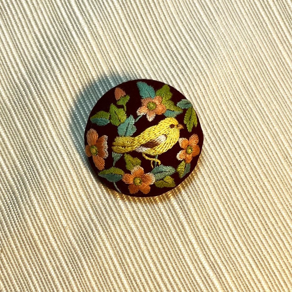 Vintage Embroidered Flower and Bird Brooch